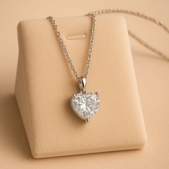 S925 Jewelry - Sterling Silver Heart Moissanite Pendant Necklace